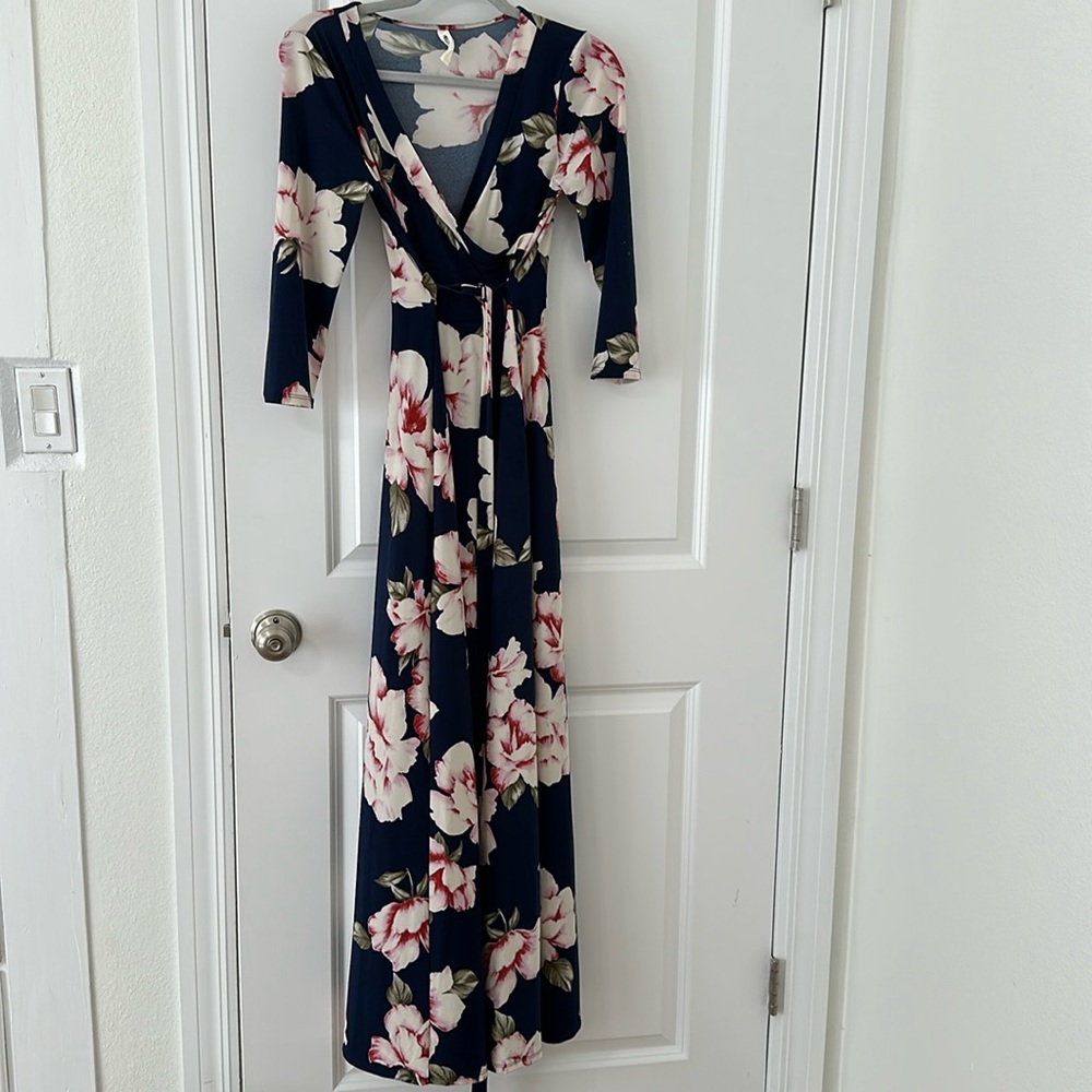 Blue long dress with pink/red flowers
